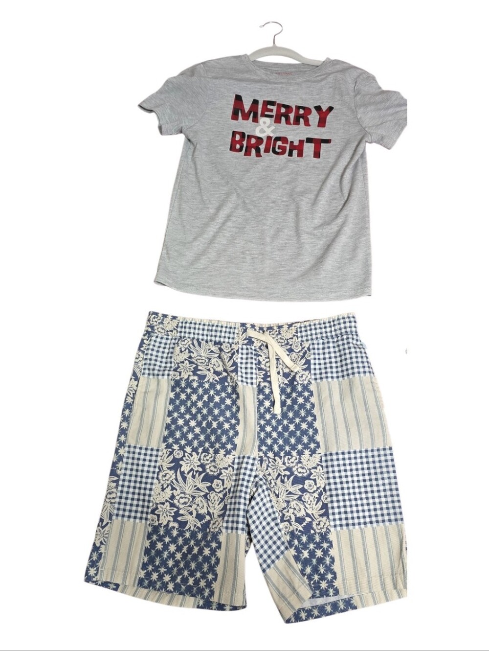 #102 Kids Grey 'Merry & Bright' Short Sleeve And Short Set with Blue Patchwork .